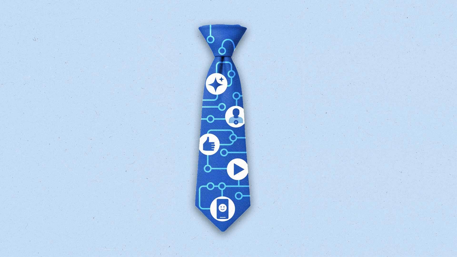 Blue necktie showing professional social networking symbols connected by circuitry lines.