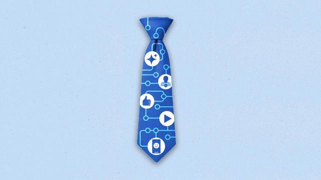 Blue necktie showing professional social networking symbols connected by circuitry lines.