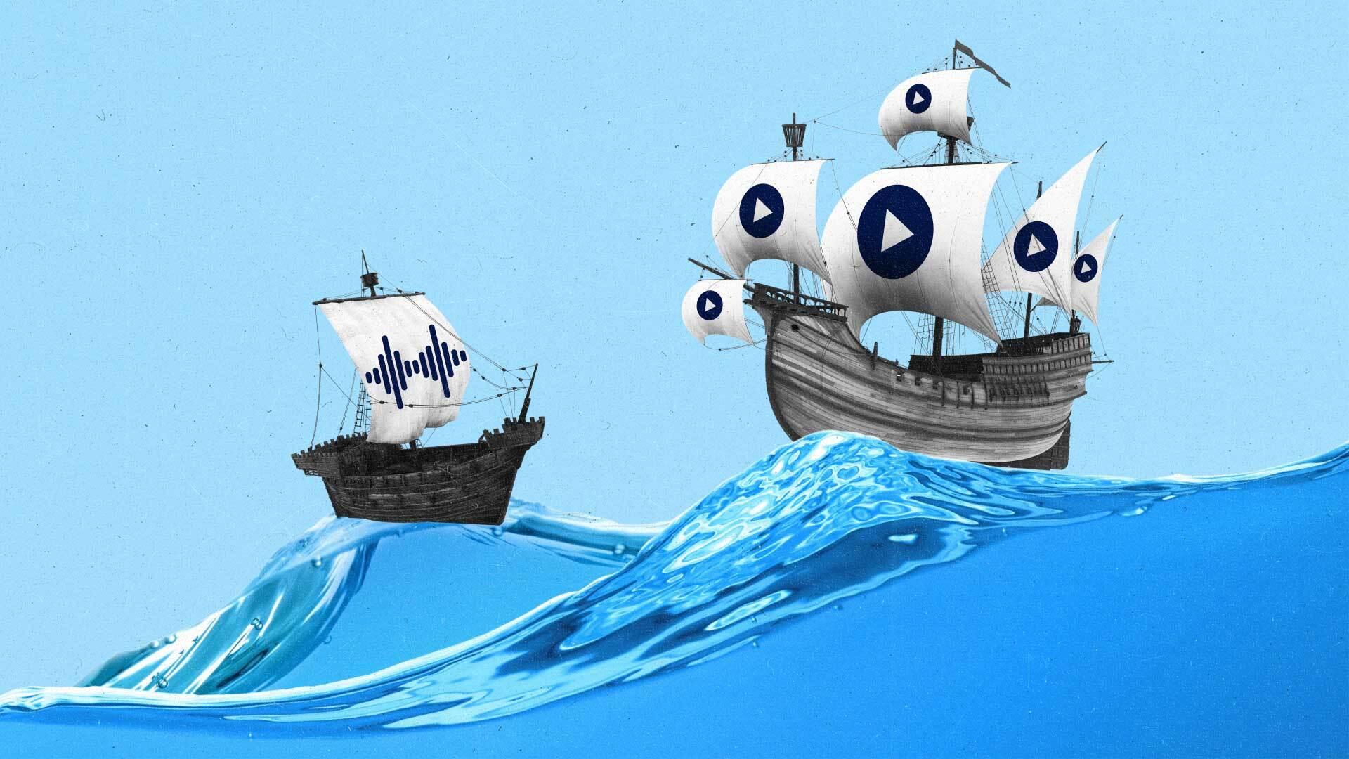 Two sailboats on high tide waves, one showing play buttons and the other showing an audio symbol.