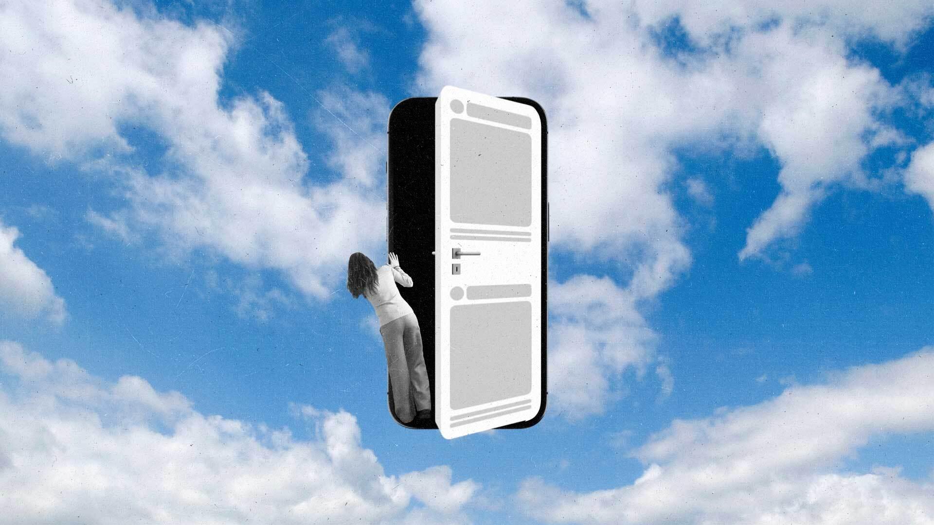 Social media screen on mobile device opens like door, person peeks outside and sees full sky