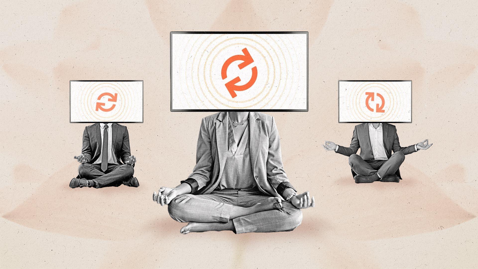 Three people with connected TV heads wearing business attire sit in meditation pose.