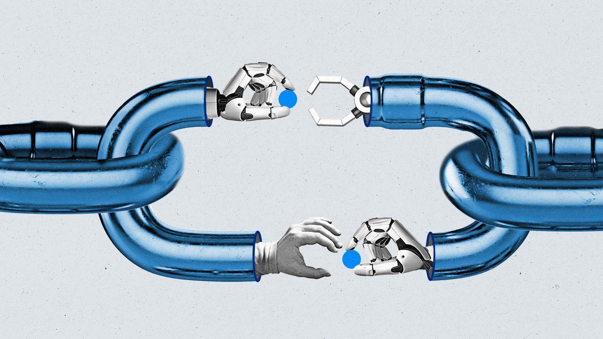 A chain link split in half reveals sets of organic and artificial hands exchanging a blue circle.
