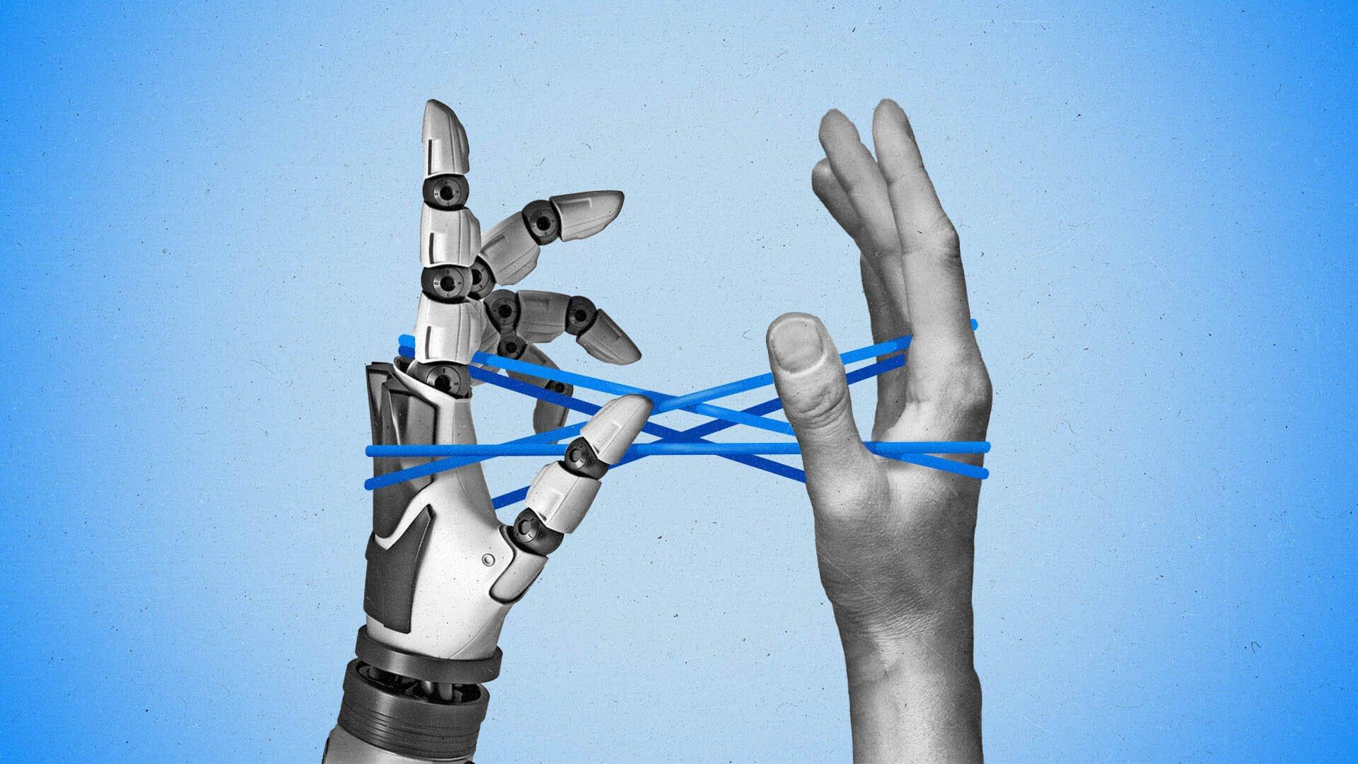 An artificial hand and a human hand play cat's cradle with a blue string