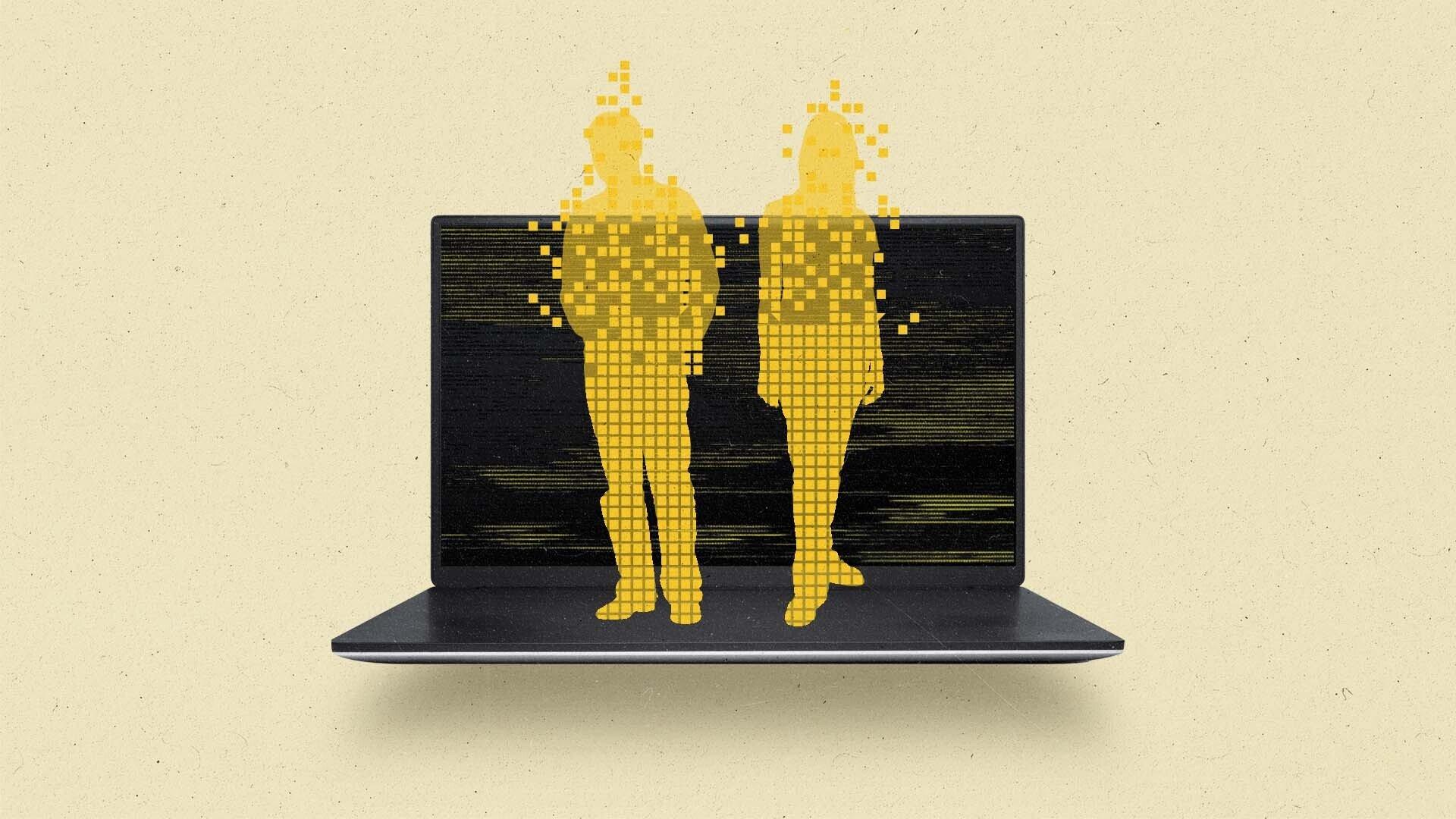 A man and a woman are rendered out of pixels on top of a laptop.