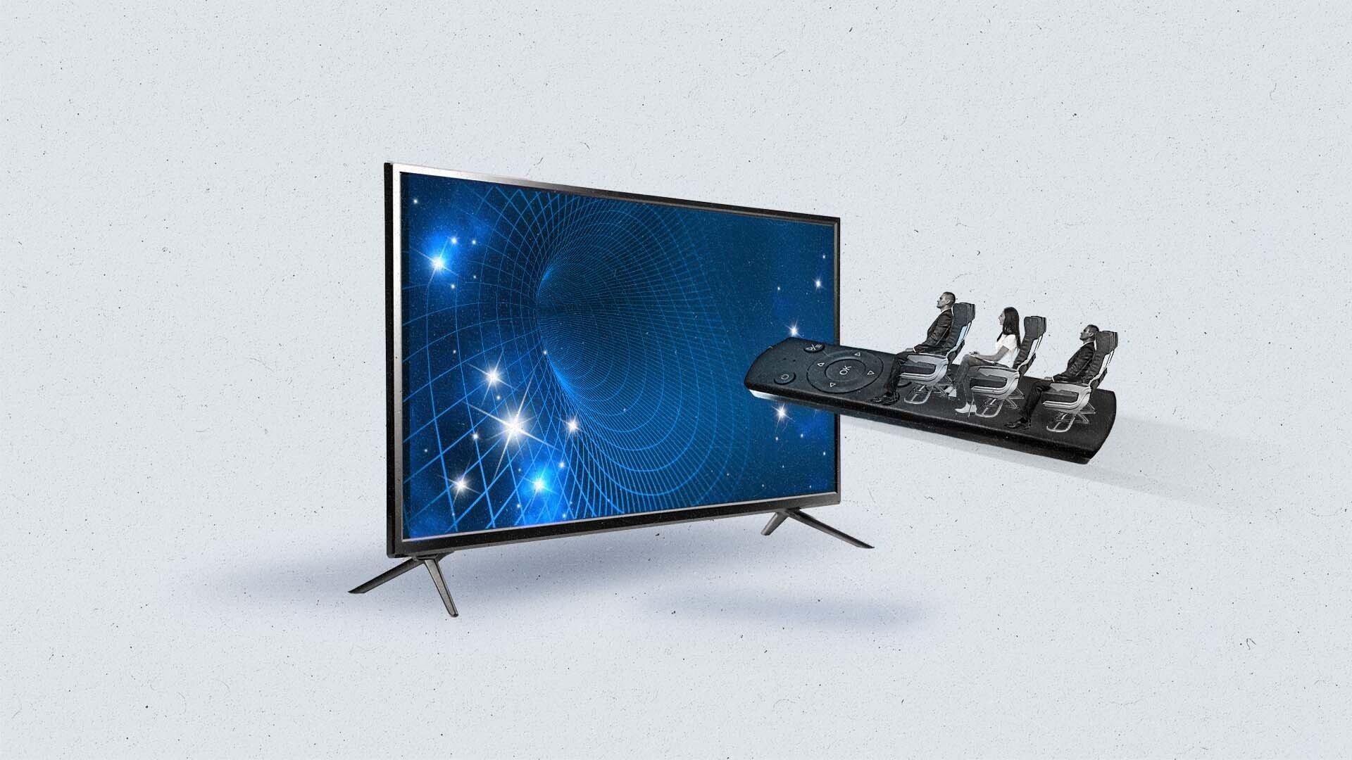 A remote control with rows of viewers soars into a connected TV.