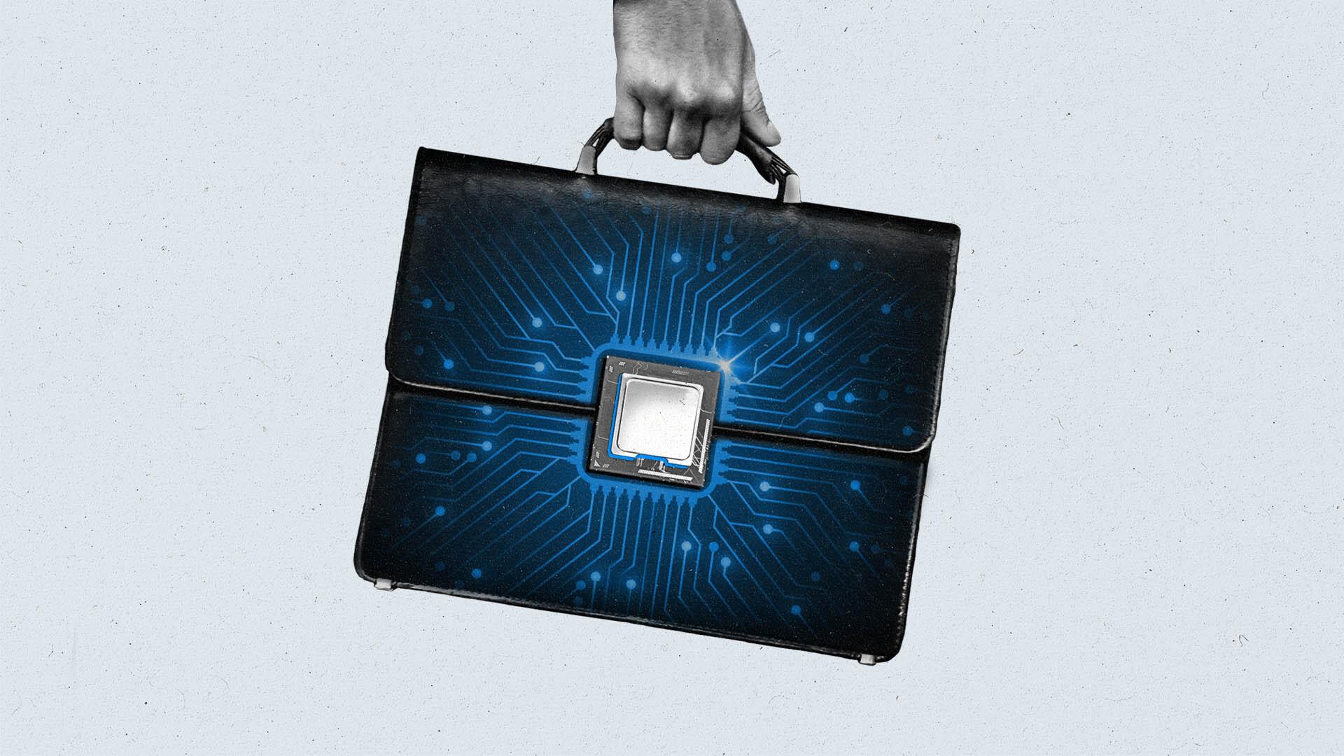 A hand holds a suitcase with a centered microchip radiating signals across circuitry.