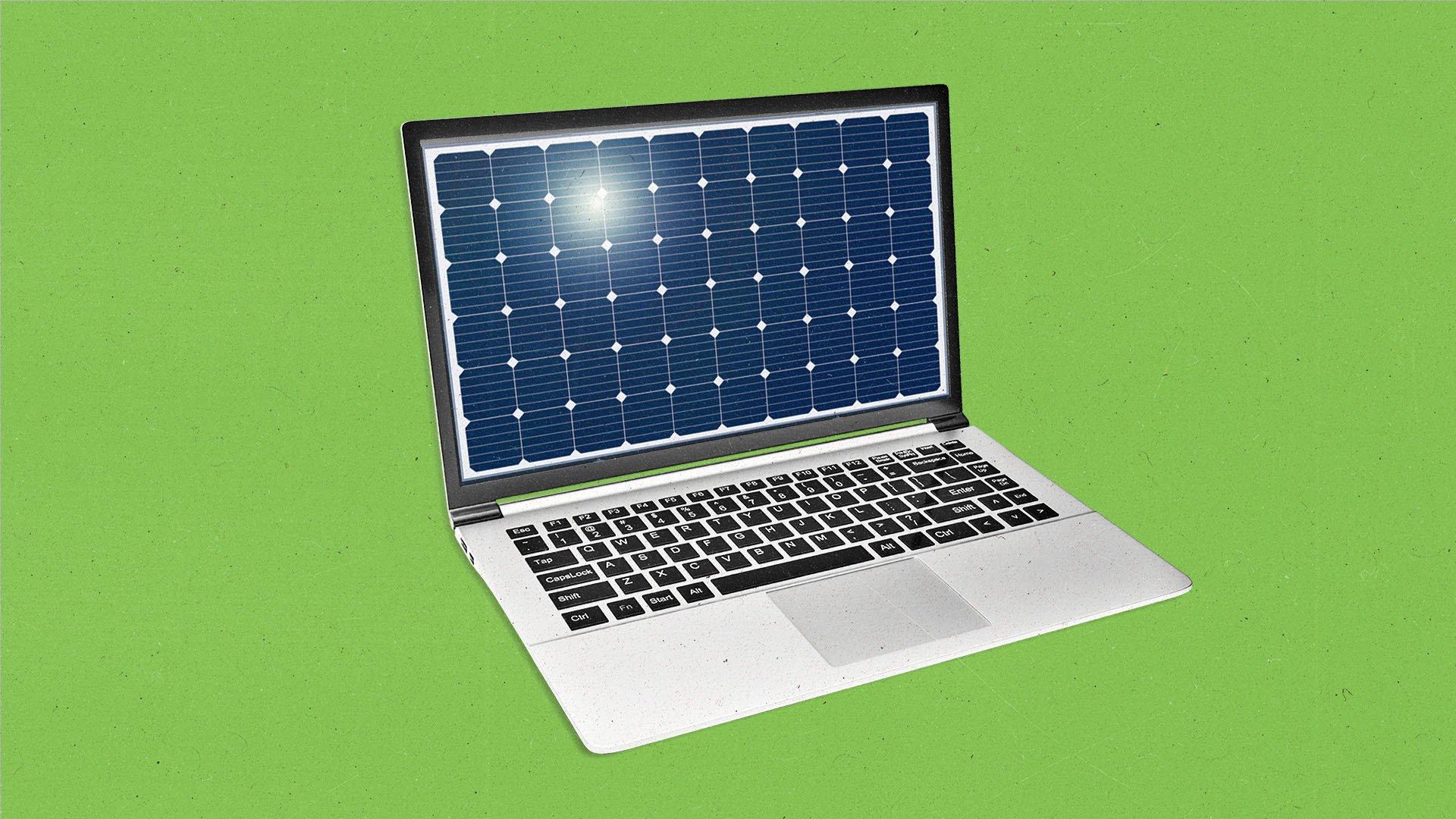 An open laptop with a solar panel instead of a screen reflects a bright sun above.