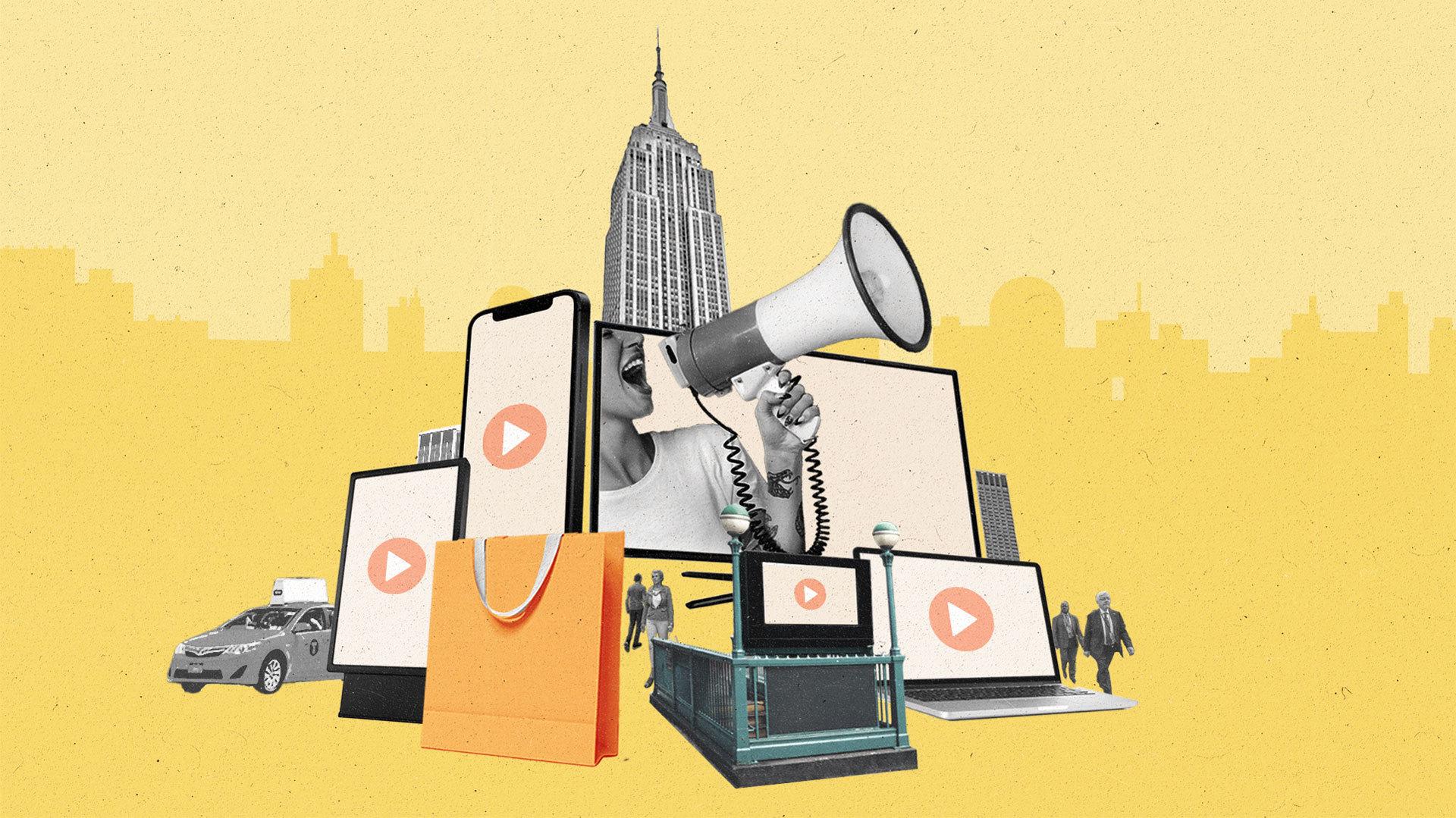 The Empire State Building stands above devices such as a DOOH kiosk, a smartphone, a laptop, and an LCD TV along with a subway entrance, a taxi and a shopping bag. A woman with a megaphone emerges from a television.