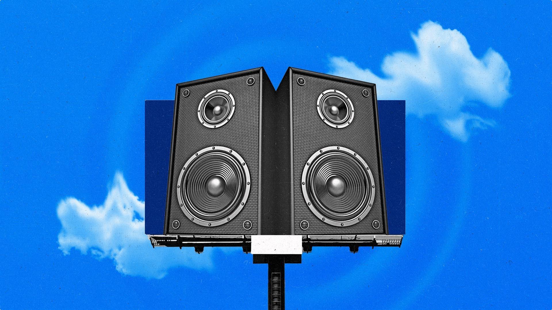 Speakers on top of a billboard tower, with soundwaves emerging from them and warping surrounding clouds.