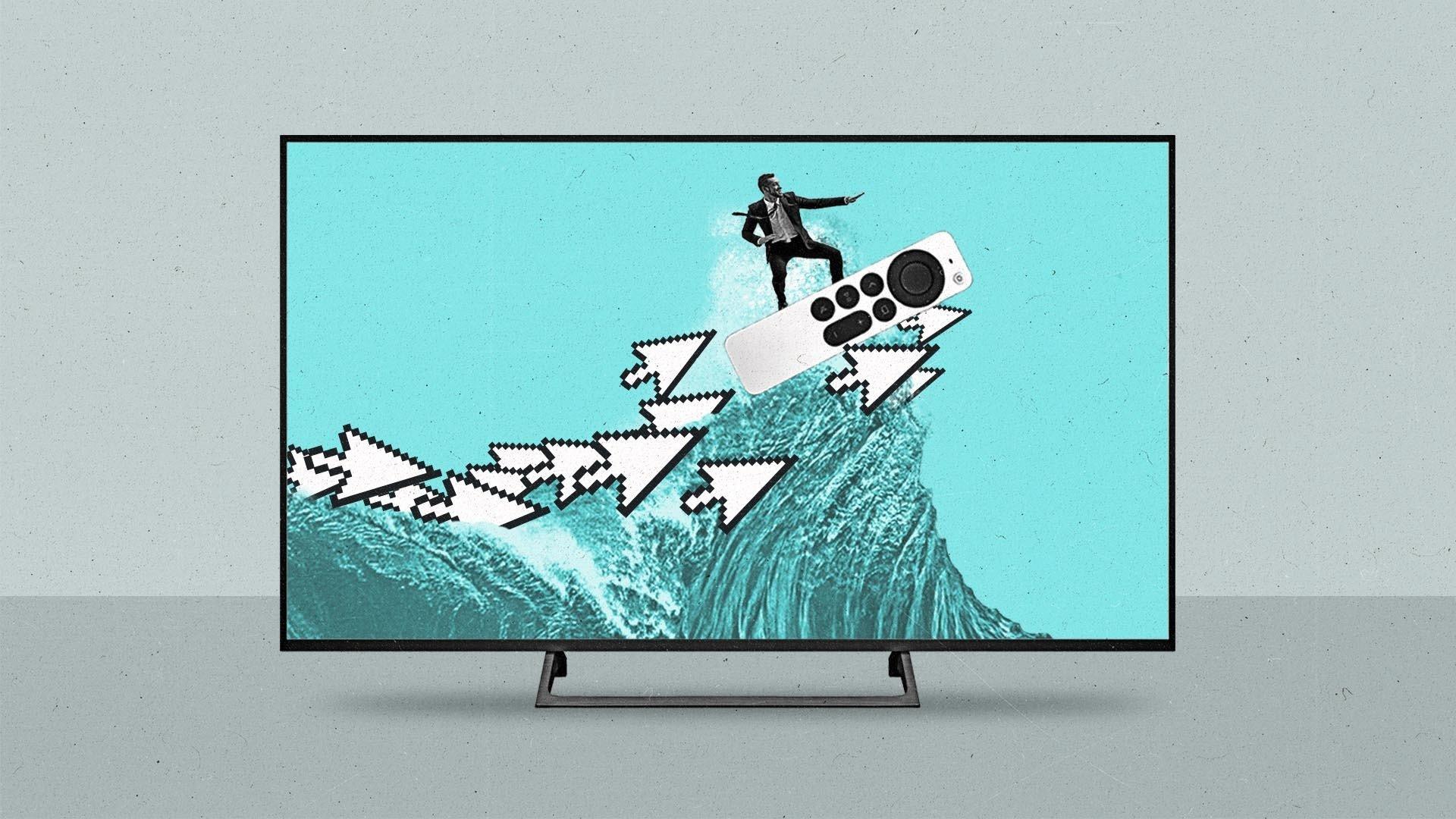 A man rides a connected TV remote on a wave of cursor arrows on a connected TV.