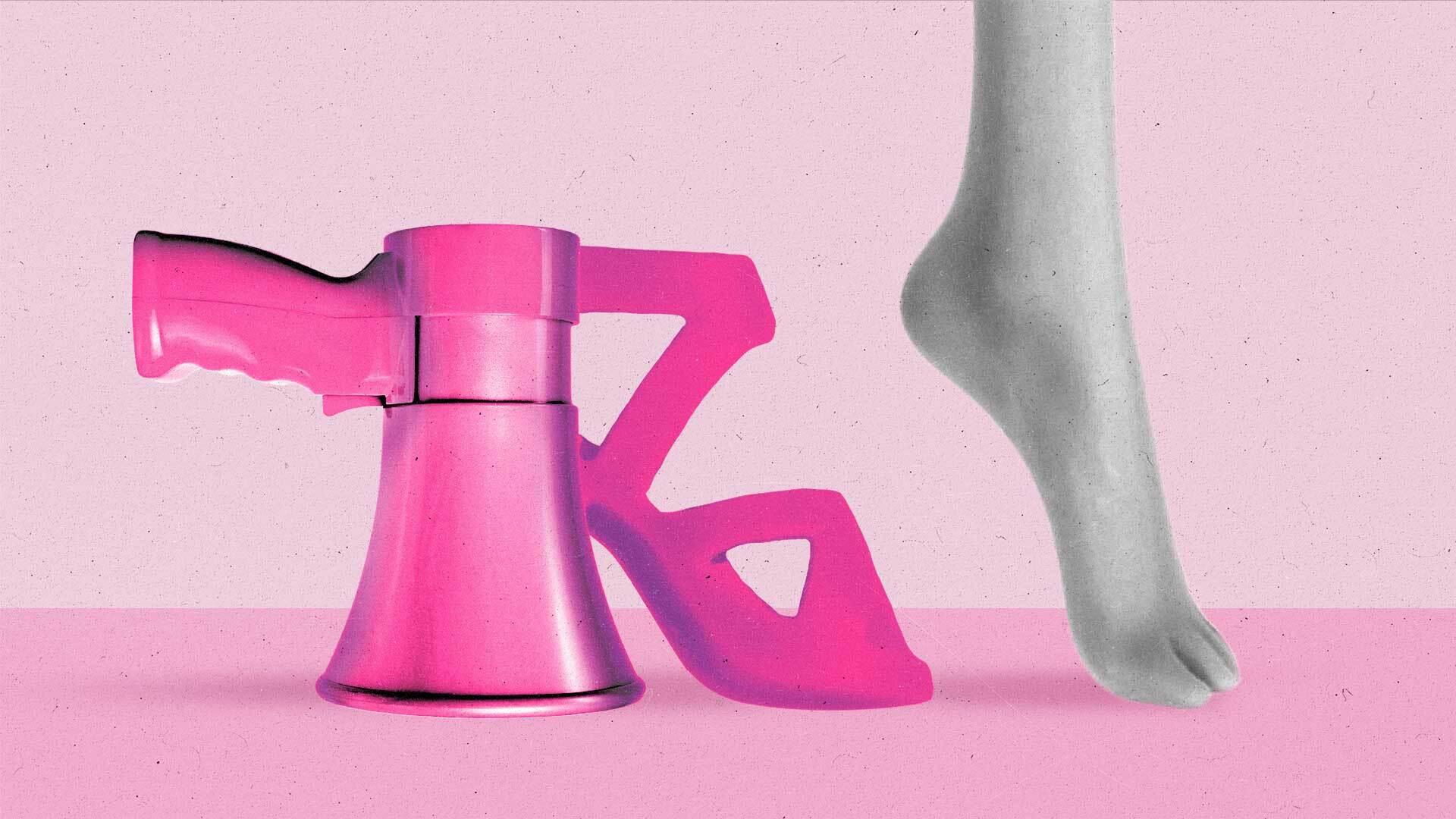 Barbie's foot stands on its toes in front of a pink stiletto heel that's made from a megaphone.