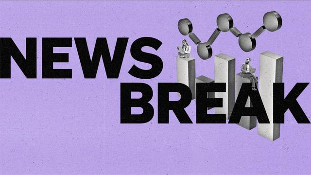 News Break in block letters with purple background with graph