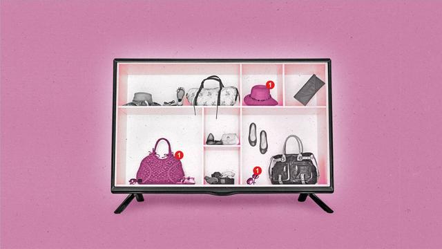 TV screen filled with retail shelves and items, clothing, purses, etc.