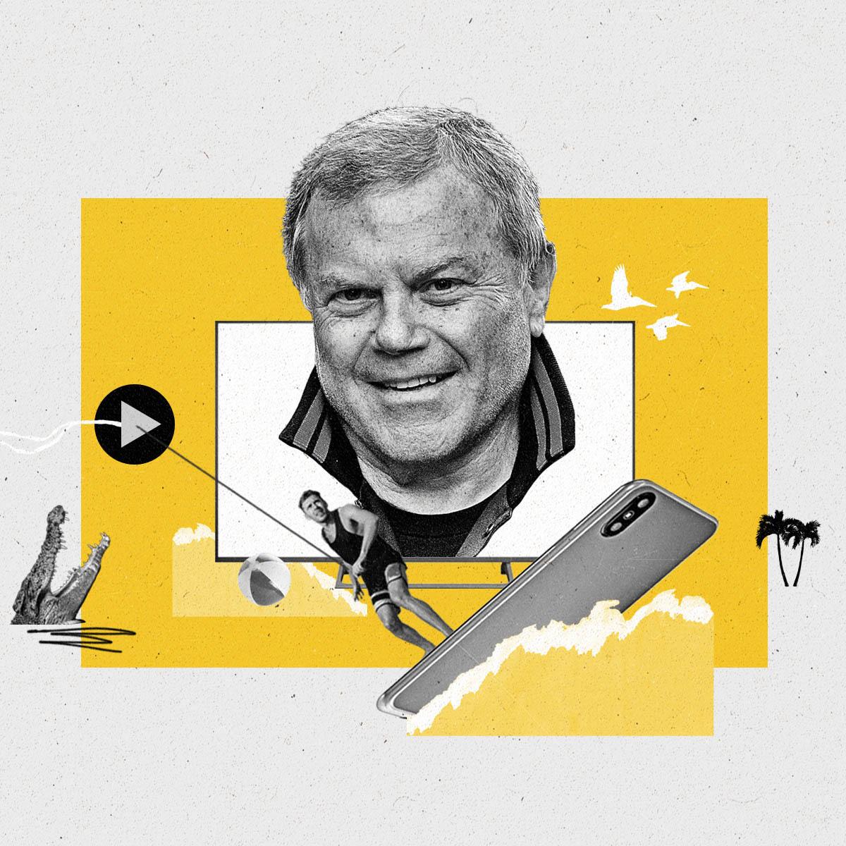 An image of Martin Sorrell on a connected TV sits above a man surfing a smartphone with a play button kite.
