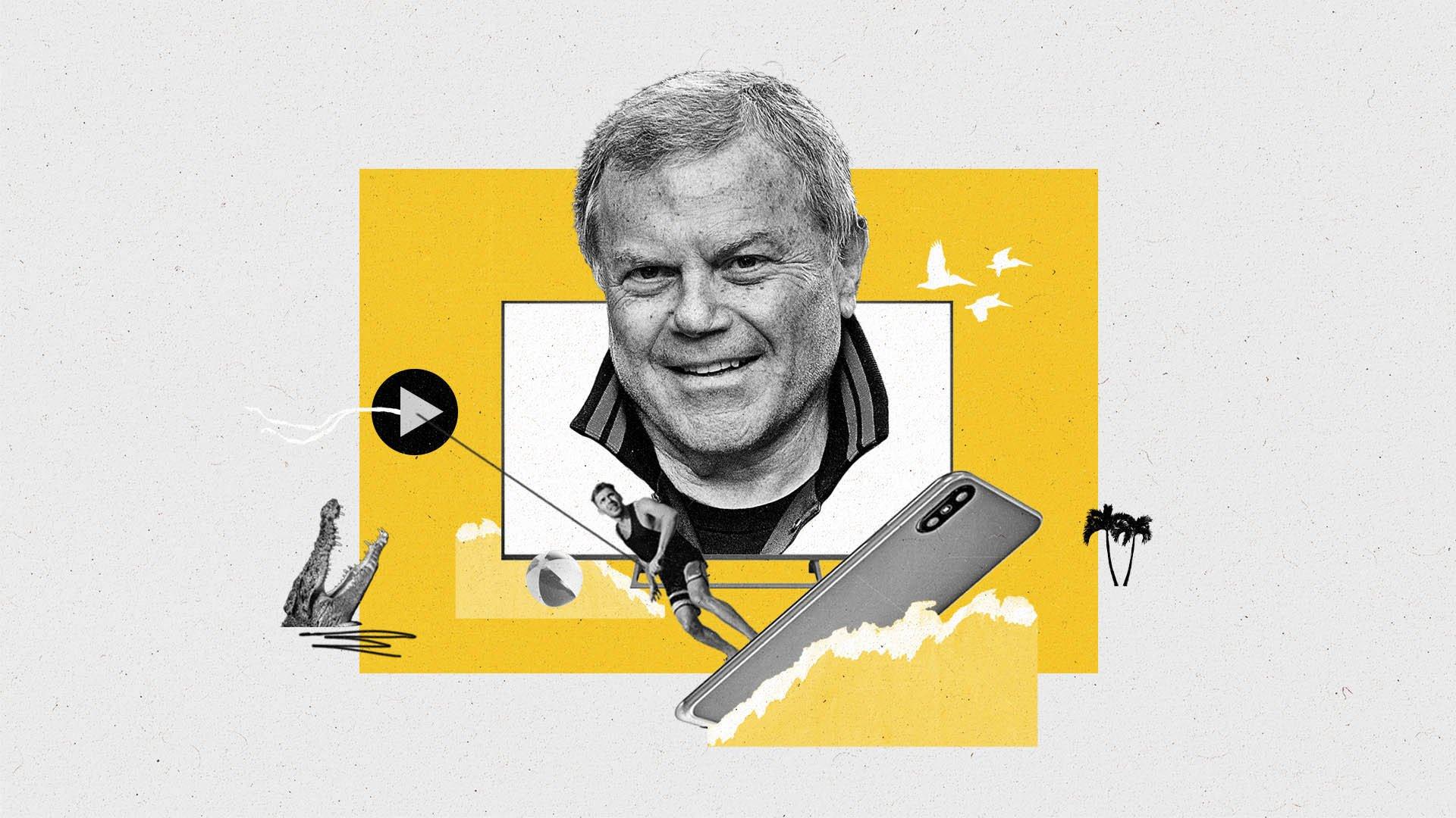 An image of Martin Sorrell on a connected TV sits above a man surfing a smartphone with a play button kite.