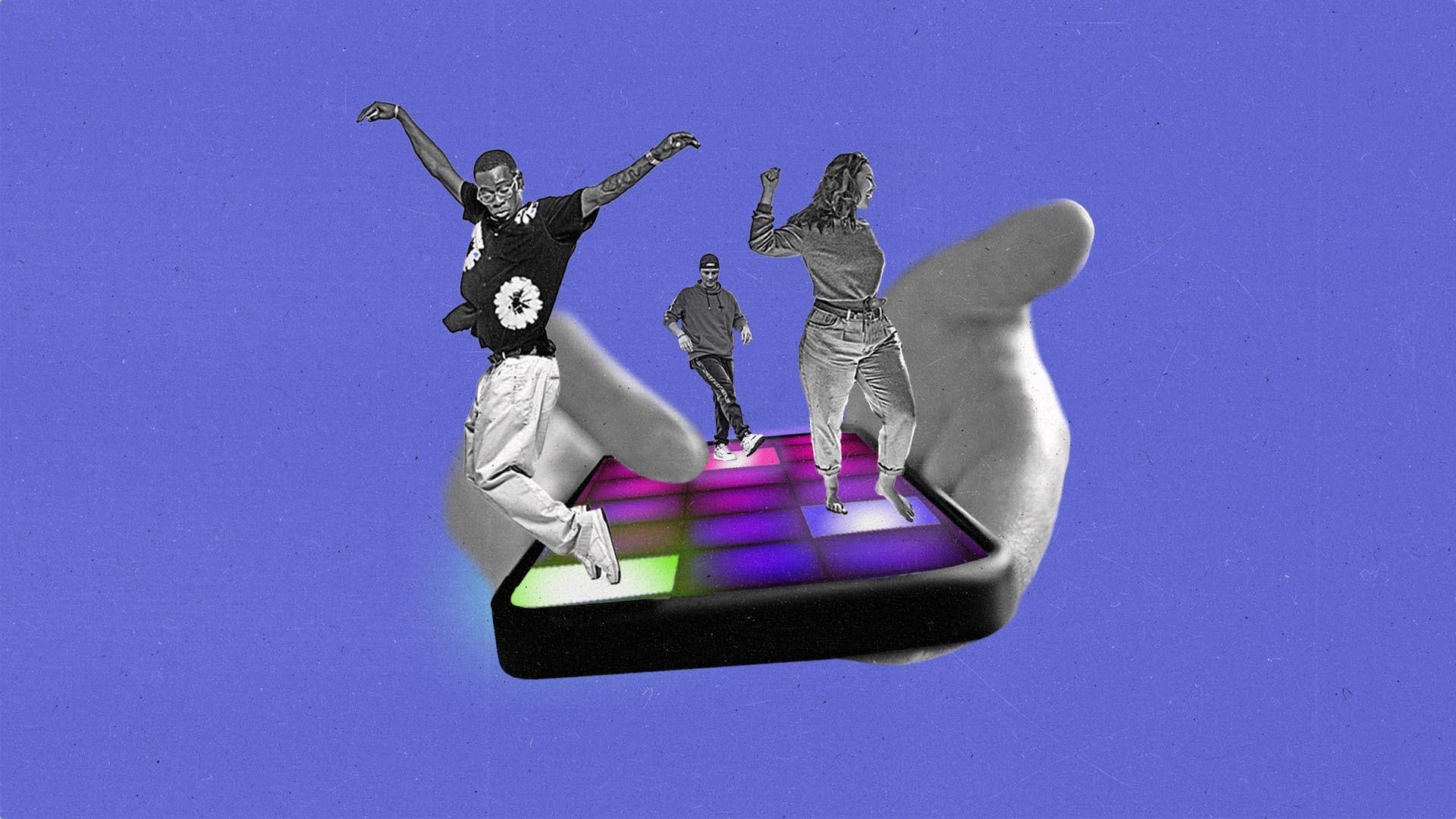 Young people dancing on top of a phone screen with app icons lighting up like a dance floor.