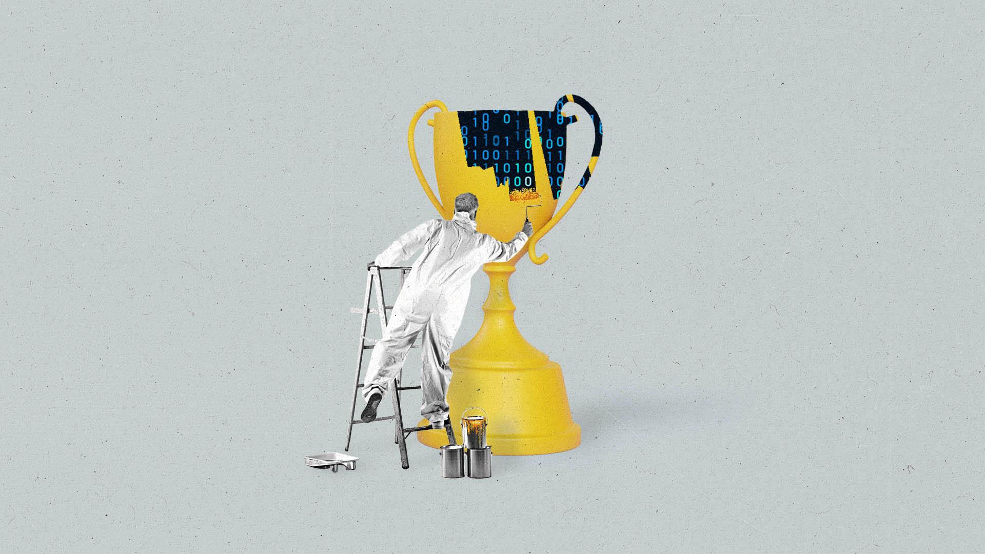 A trophy showing data zeros and ones is painted gold by a man on a ladder.