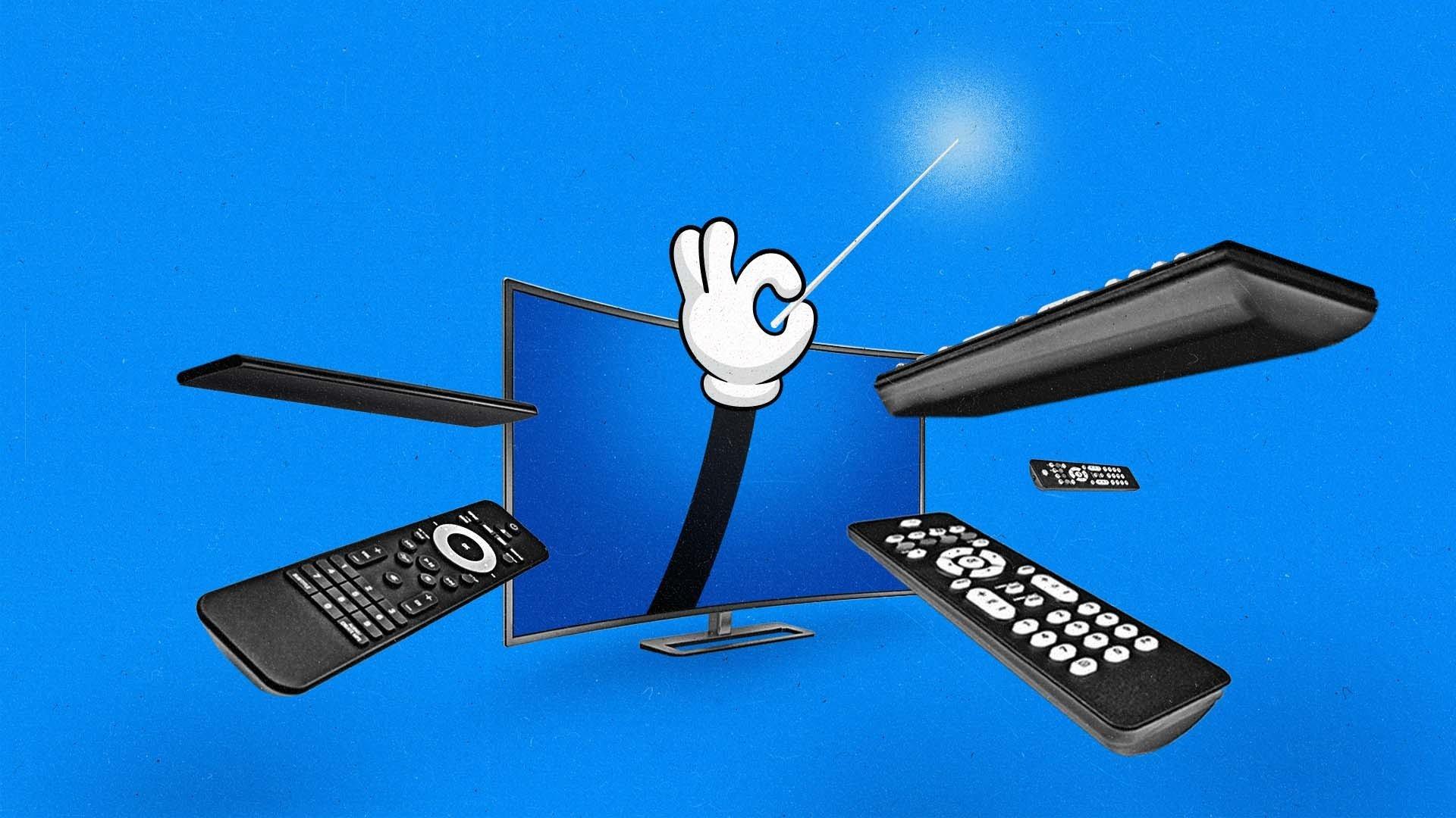 Mickey Mouse's hand coming out of a TV screen with remotes pointing at the TV
