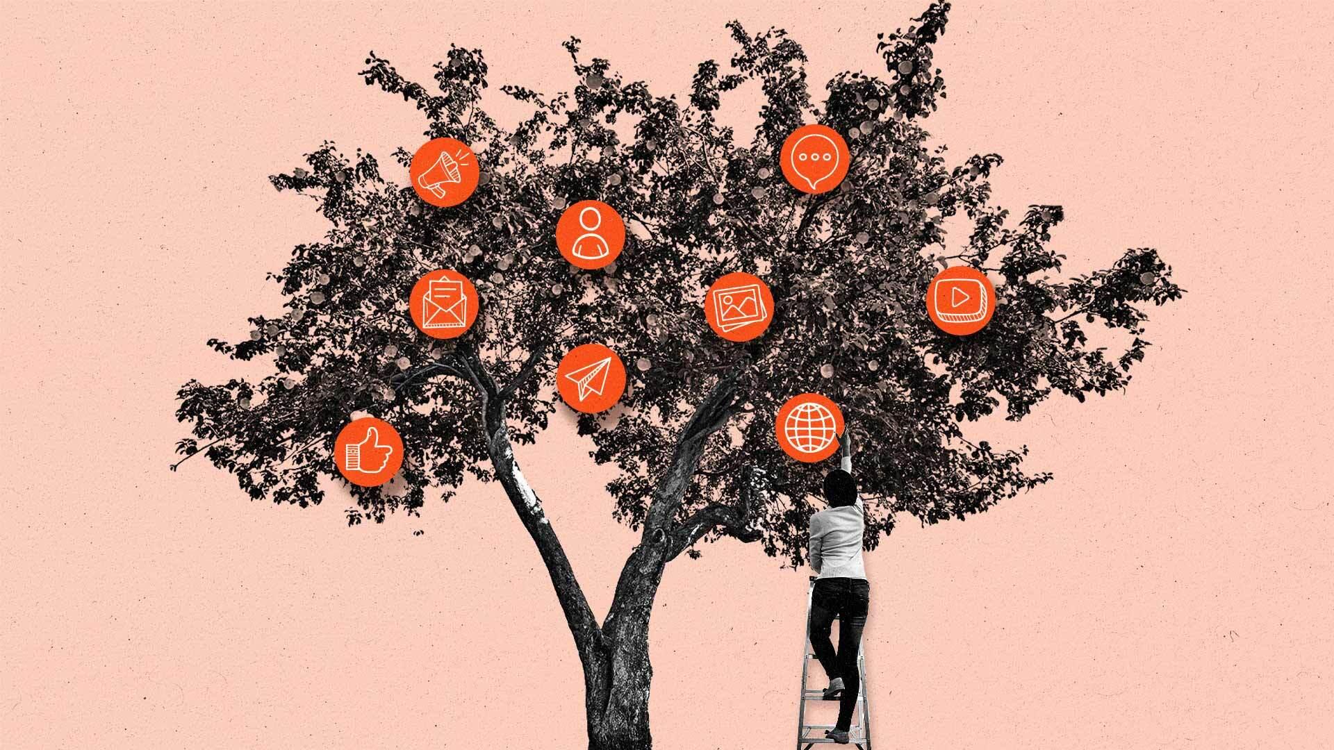 Woman on ladder reaches for a fruit on an ad-tech icon tree.