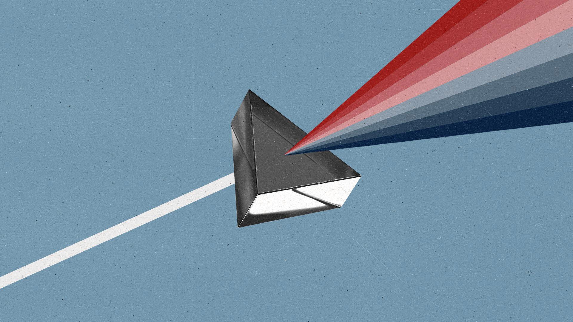 A white beam enters a transluscent triangular prism from the left, and disperses into colored rays on the right.