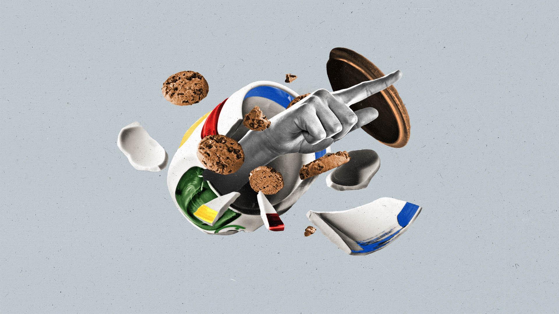 A fingers points forward as whole cookies spring through a shattered cookie jar.