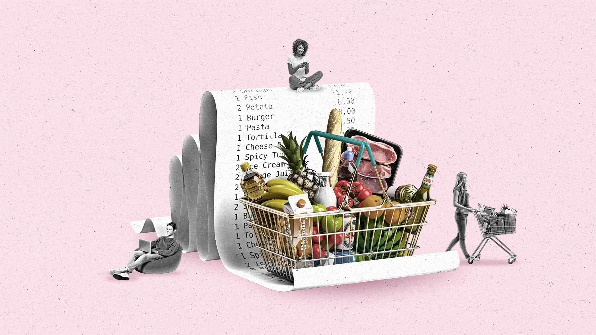 A shopping basket with groceries sits on top of a receipt as people interact with various devices.