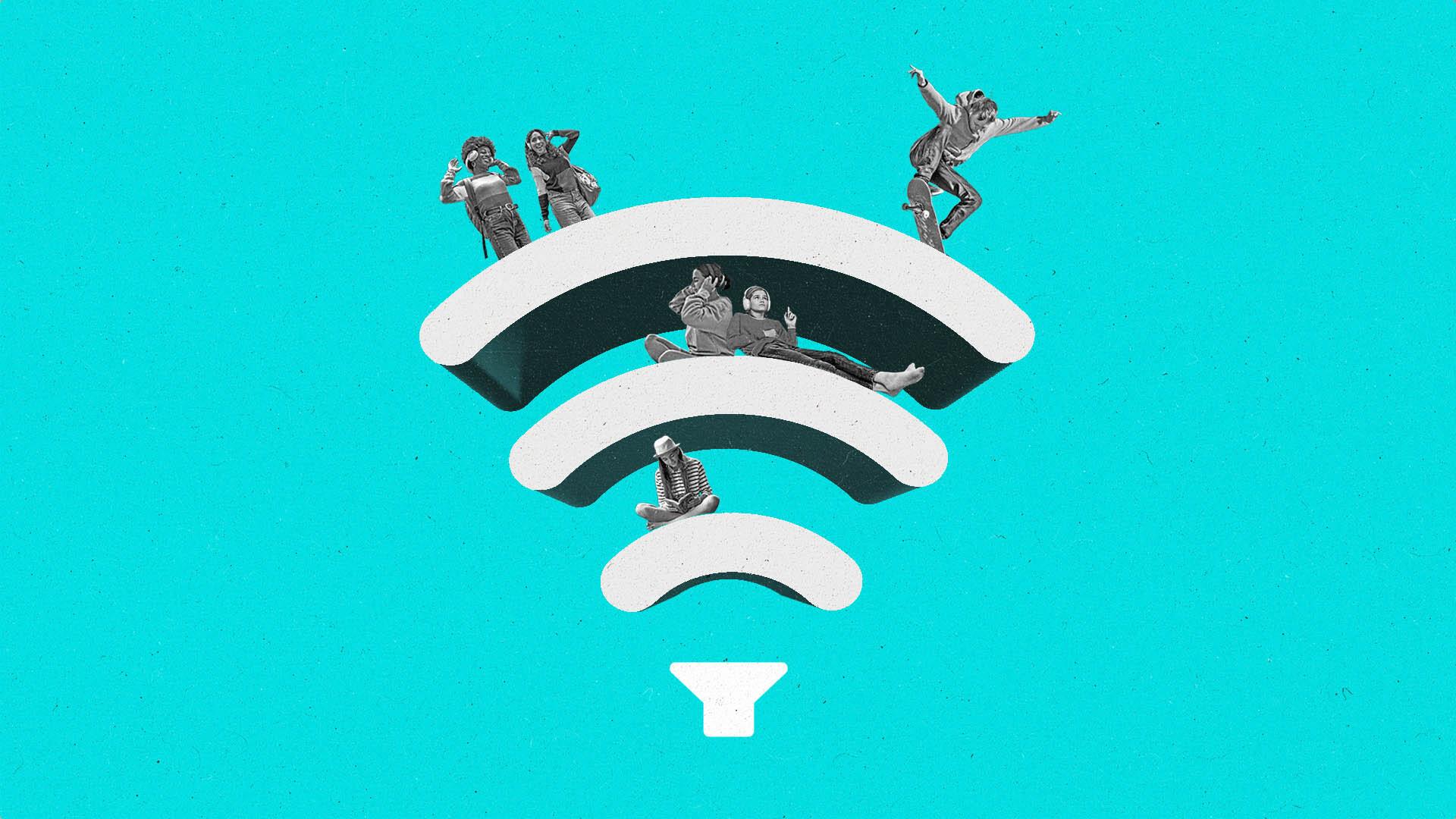 A group of young people interact and look at devices on an oversized wifi signal icon.