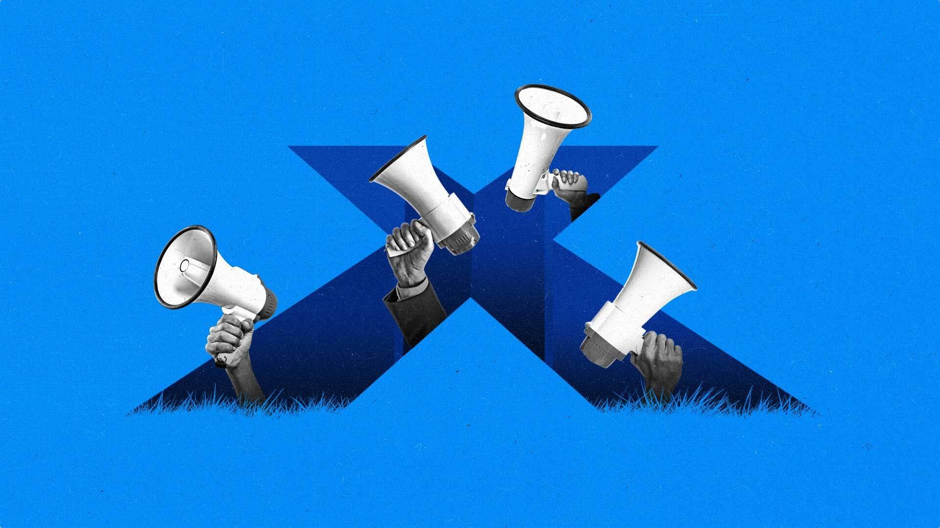 Four arms holding megaphones stick out of an X-shaped hole.