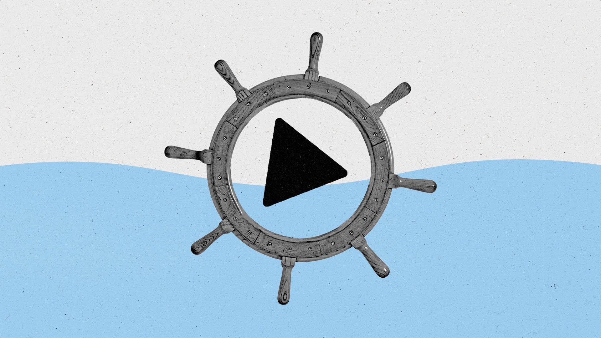 A nautical wheel with a play button turns within blue waves.
