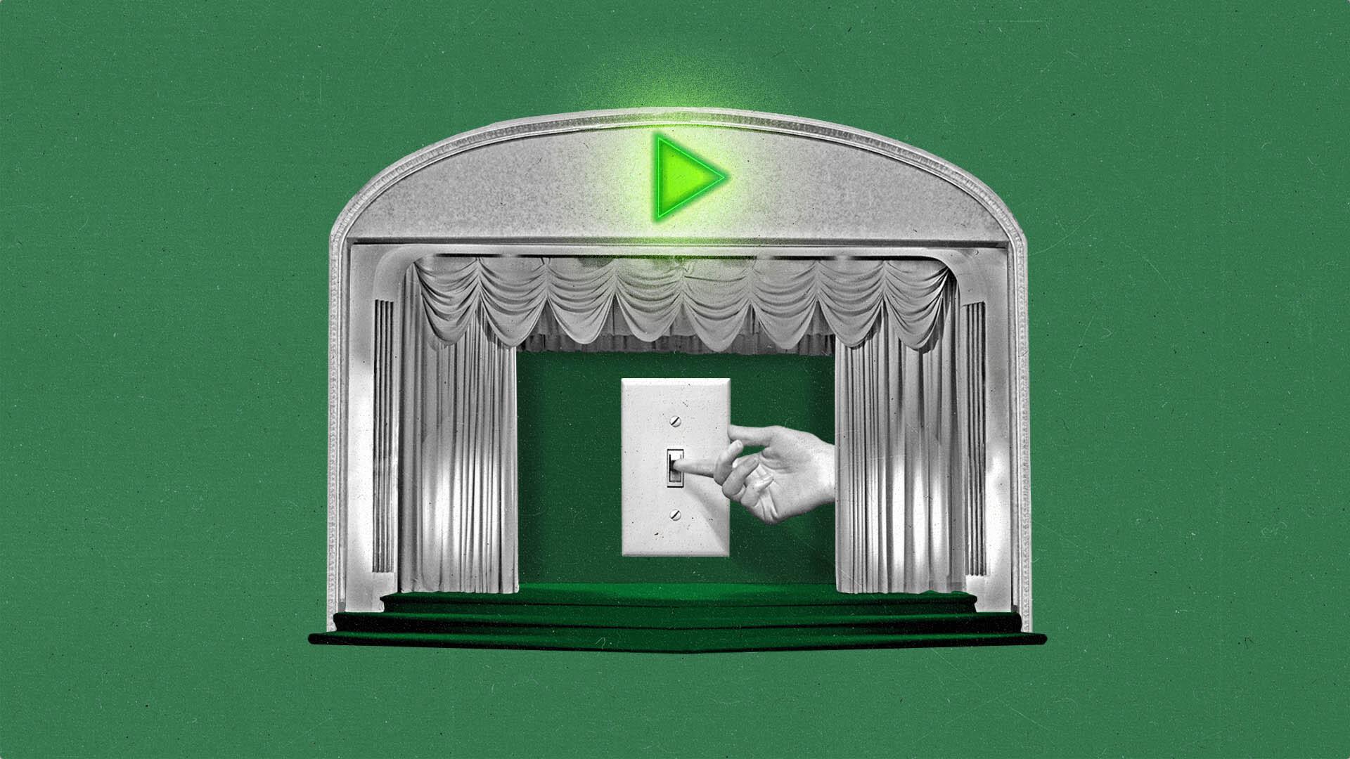 A hand flips a switch inside a theater below an illuminated green play button