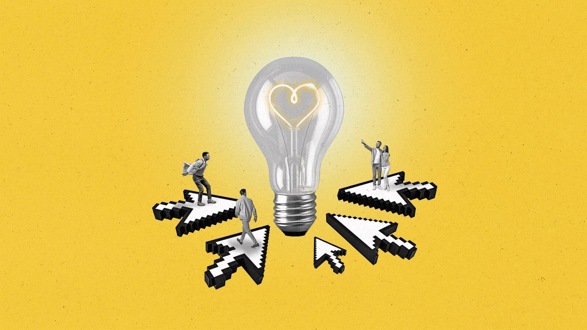 People ride cursors pointing to an illuminated lightbulb with a heart inside it.
