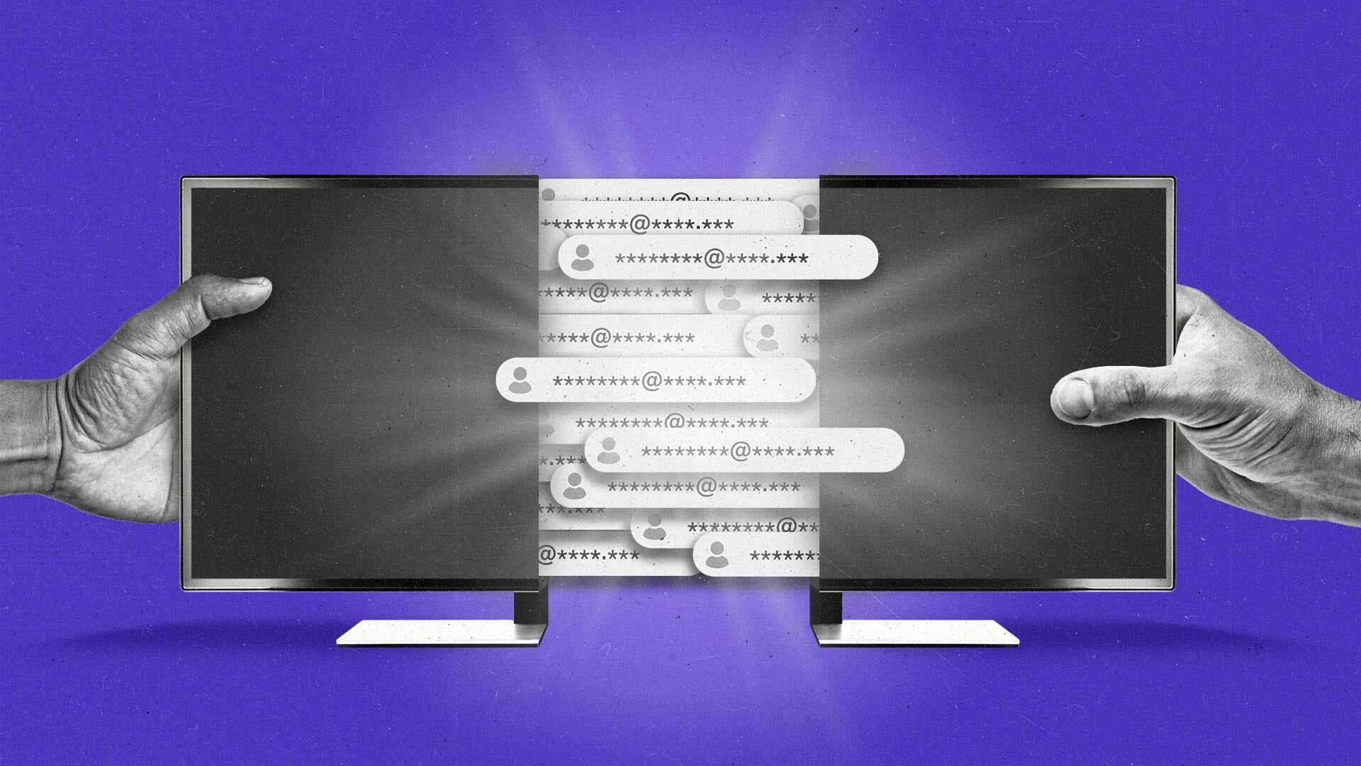 Two hands pull apart a television, revealing the glowing login IDs in the center.