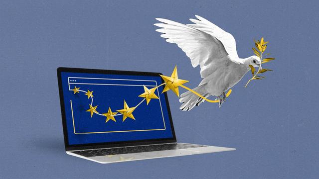A dove holding a golden olive branch pulls golden stars strung along the outline of a browser window on a laptop screen