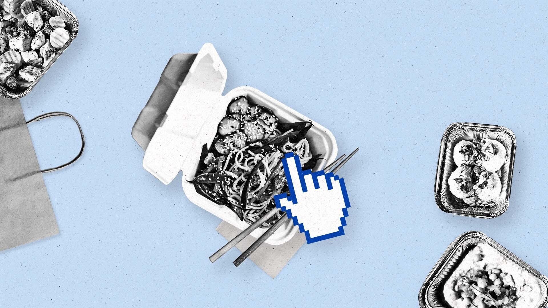 Open take-out containers full of various foods. A prominent finger cursor hovers over the central take-out container.