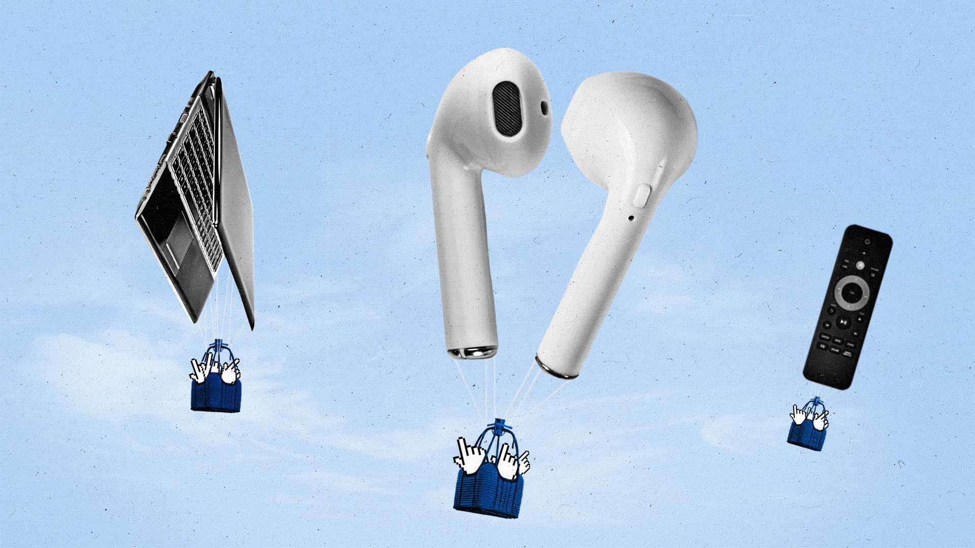 Earpods, a laptop and a streaming remote are sailing upwards into the air, hot air balloon-style, while carrying web cursors as passengers.