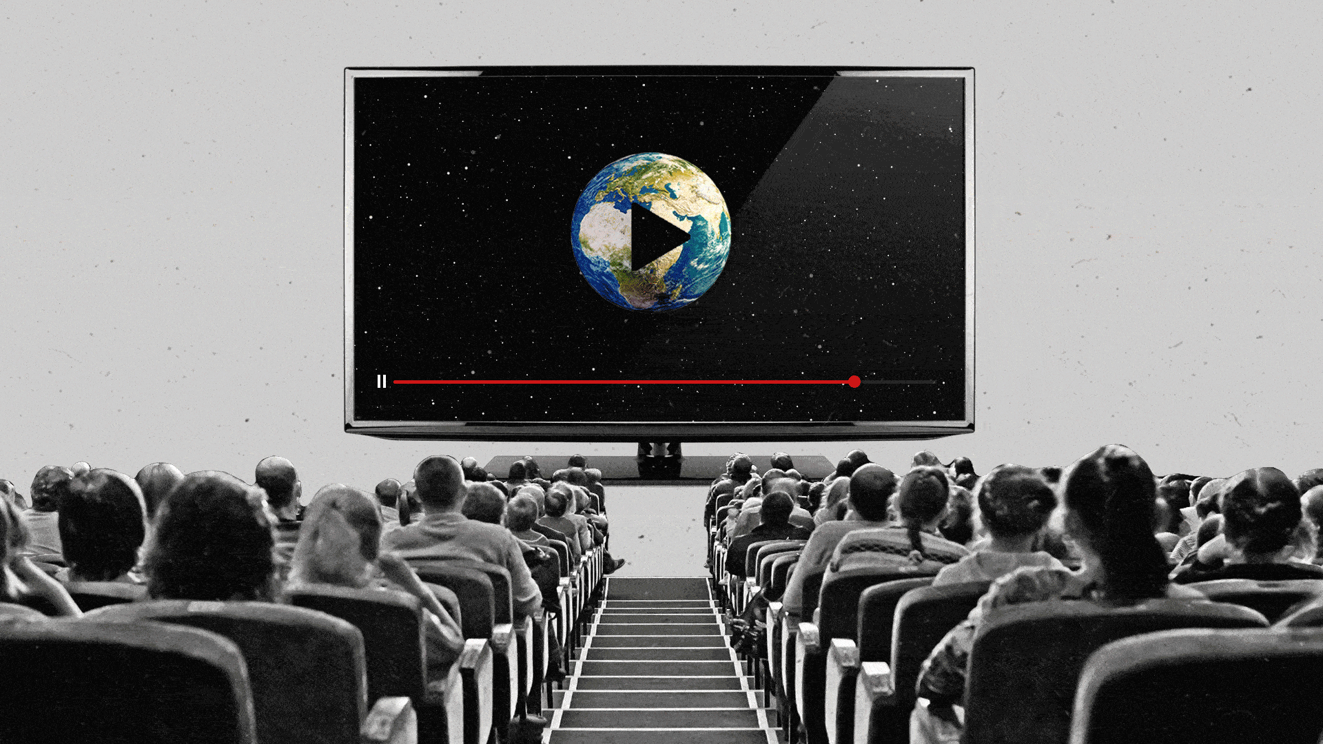A seated audience watches a connected TV showing stars rushing towards the viewer. The play-button in the center shows a globe background.