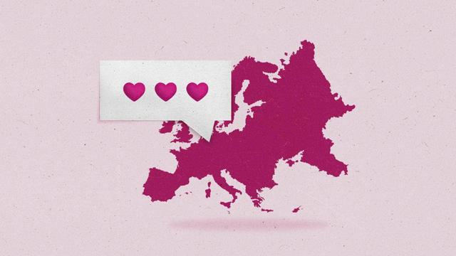 A silhouette of the continent of Europe has a speech bubble above it, SMS style, with three hearts in a row.