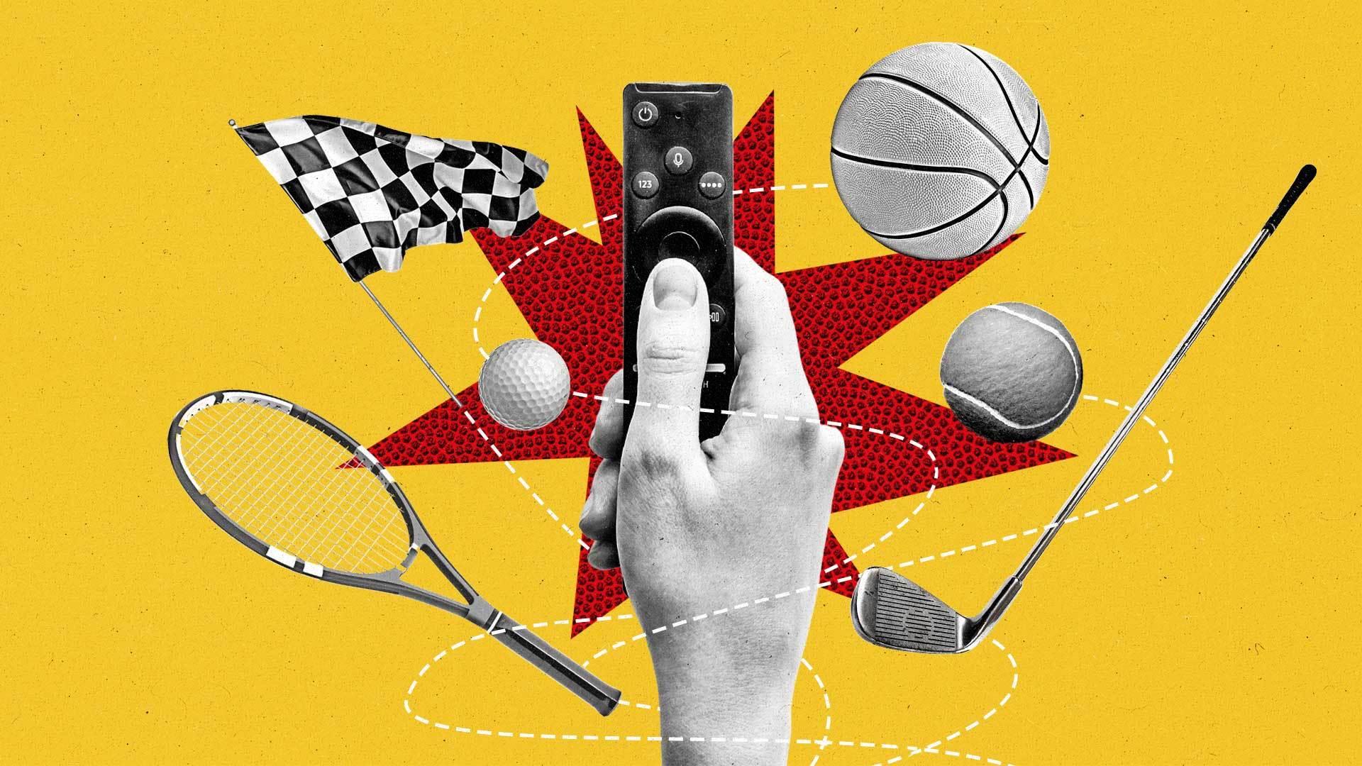 A hand holds a streaming remote upwards as a checkered flag, a golf ball, a tennis racket, a basketball, a tennis ball, and a golf club swirl around it.
