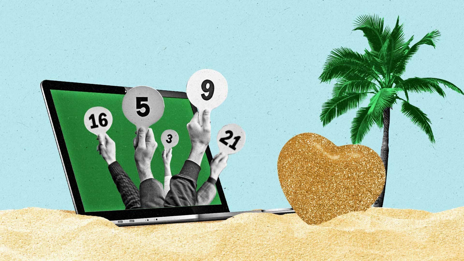 The hands of bidders rise out of the screen of a laptop on the beach as a glittery heart sits in front of it.