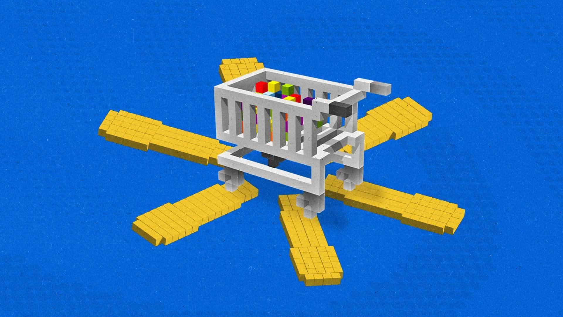 A 3D pixel shopping cart filled with multicolored block sits atop a pixelated starburst.