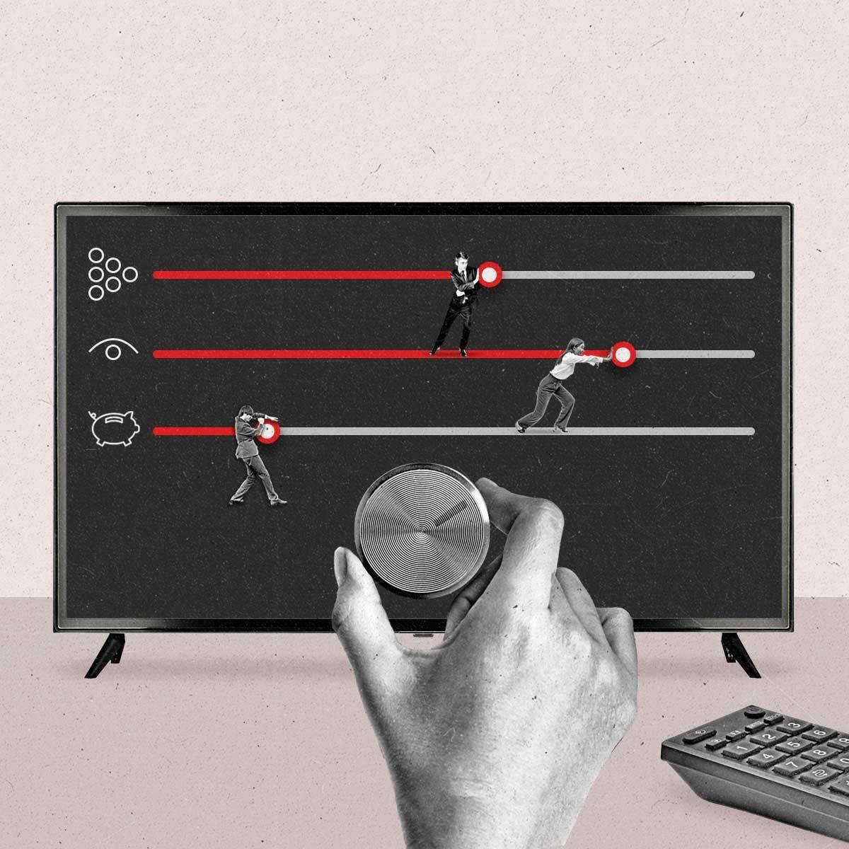 A hand turns a dial on a TV screen while progress bars aligned with various ad-buying metrics are pushed and pulled back and forth by businesspeople.