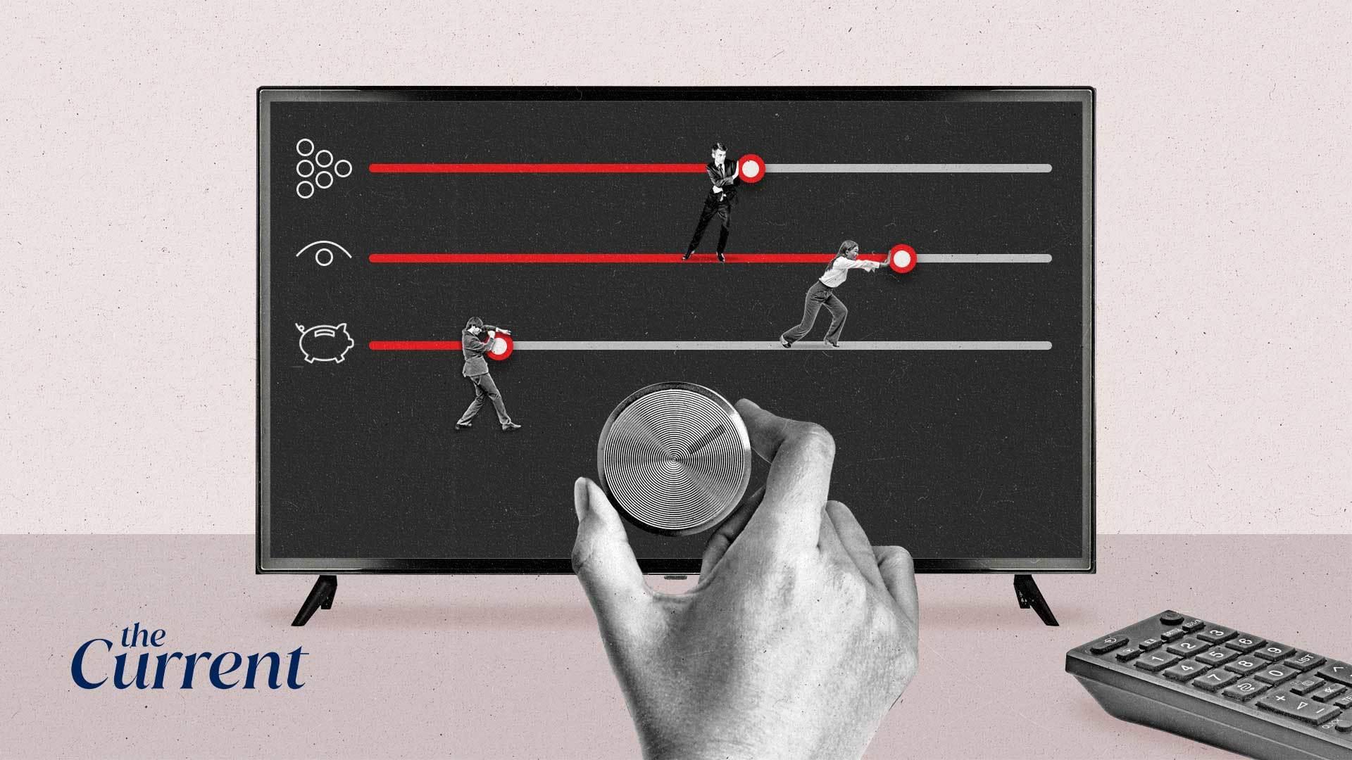 A hand turns a dial on a TV screen while progress bars aligned with various ad-buying metrics are pushed and pulled back and forth by businesspeople.