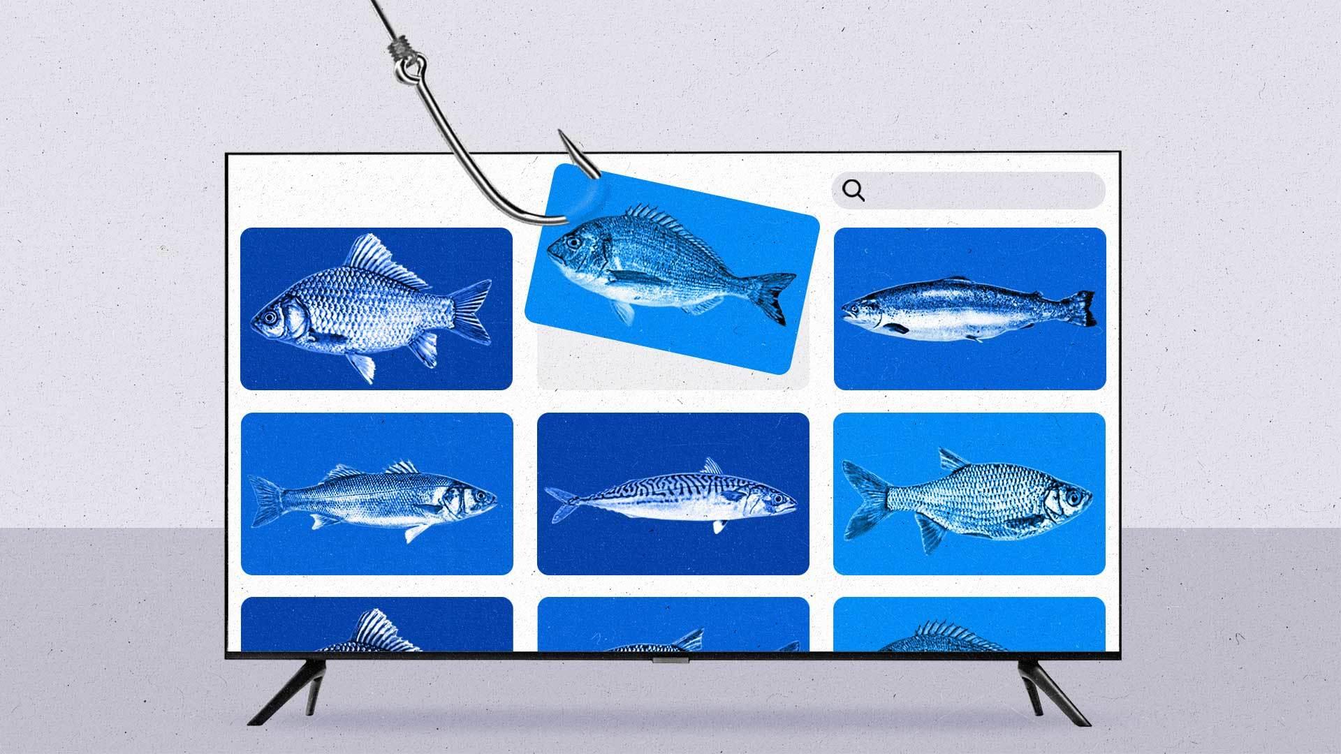 A series of blue streaming tiles on a connected TV show pictures of fish, with one snagged by a fishhook and being pulled up from the screen.