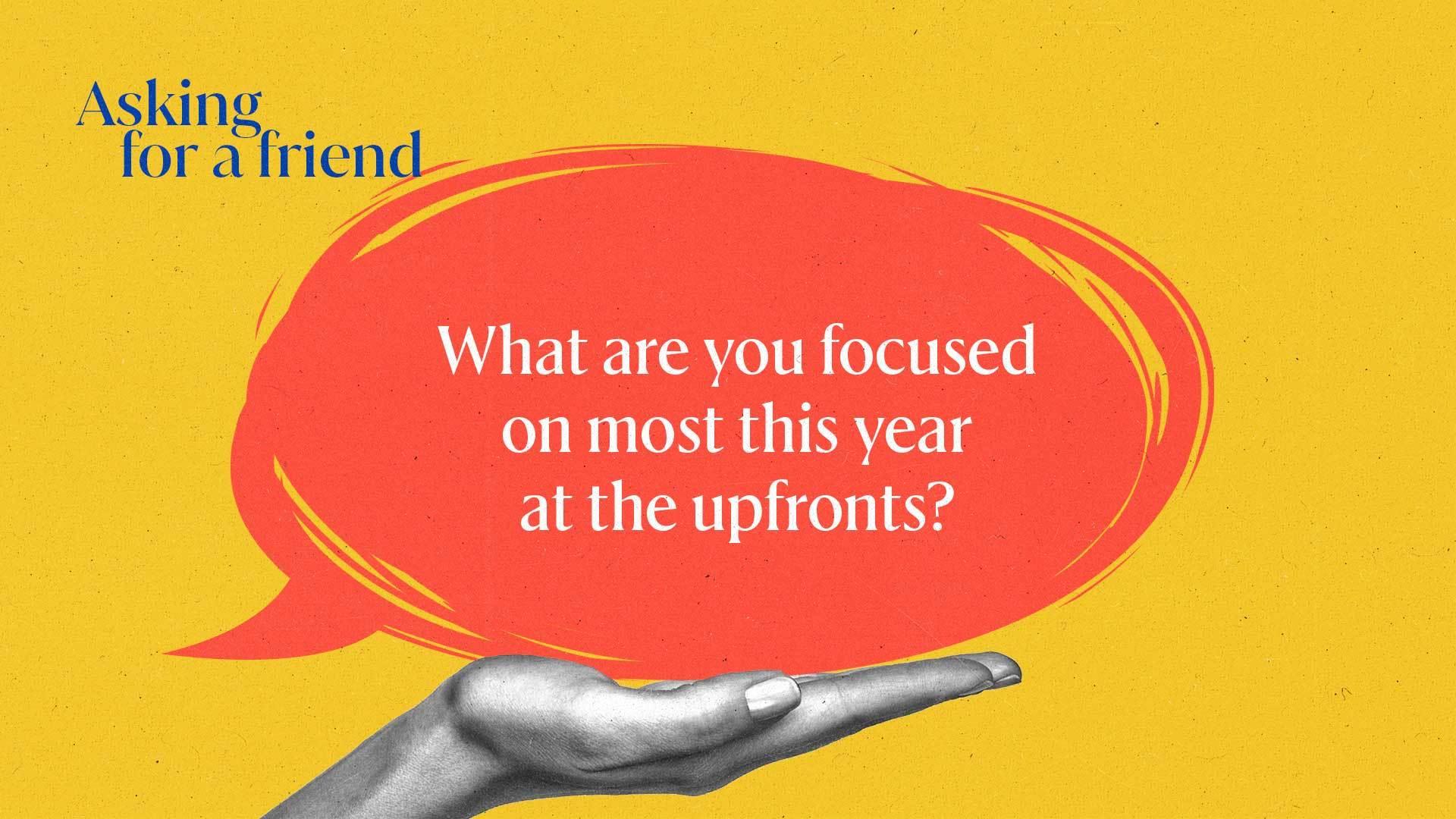 A hand holds up a quote bubble that asks what marketers are most focused on this upfronts