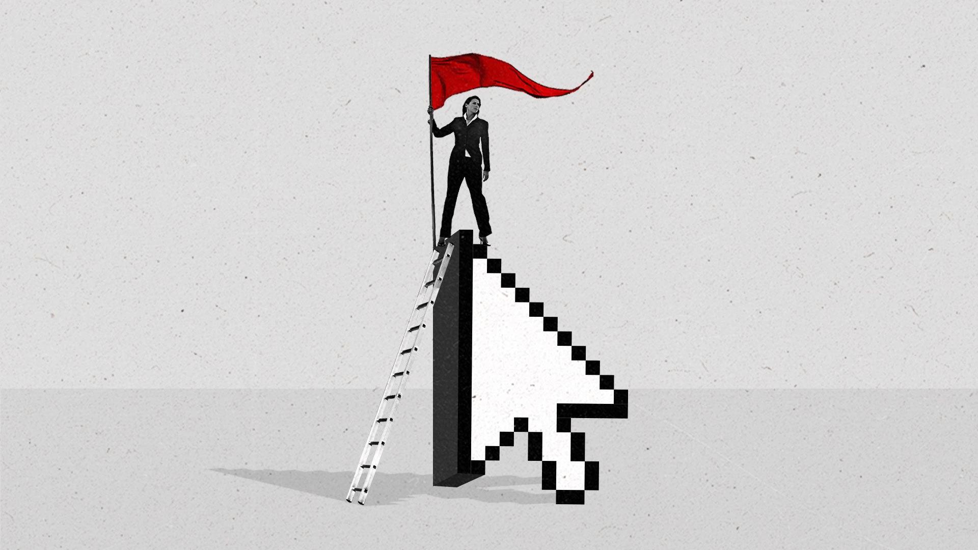 A woman in business attire stands triumphantly with a flag atop an oversized cursor arrow, with a ladder leaning against it.