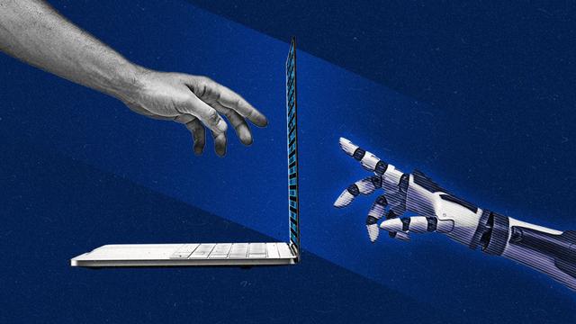 A persons hand reached out to a laptop screen as a digital, robotic hand reaches out on the other side of the screen.