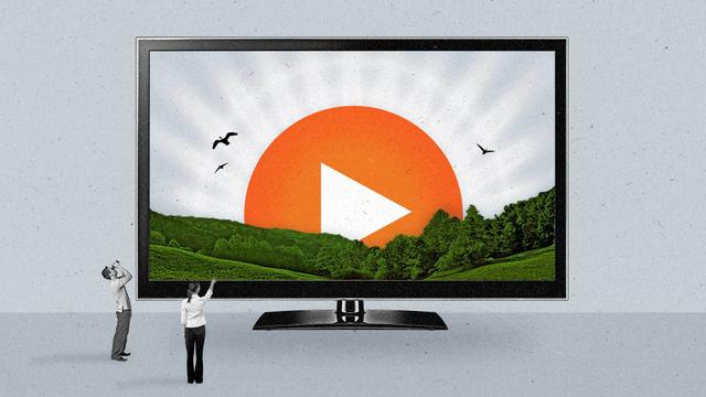 Two onlookers watch a rising orange play button over an optimistic landscape on a connected TV.