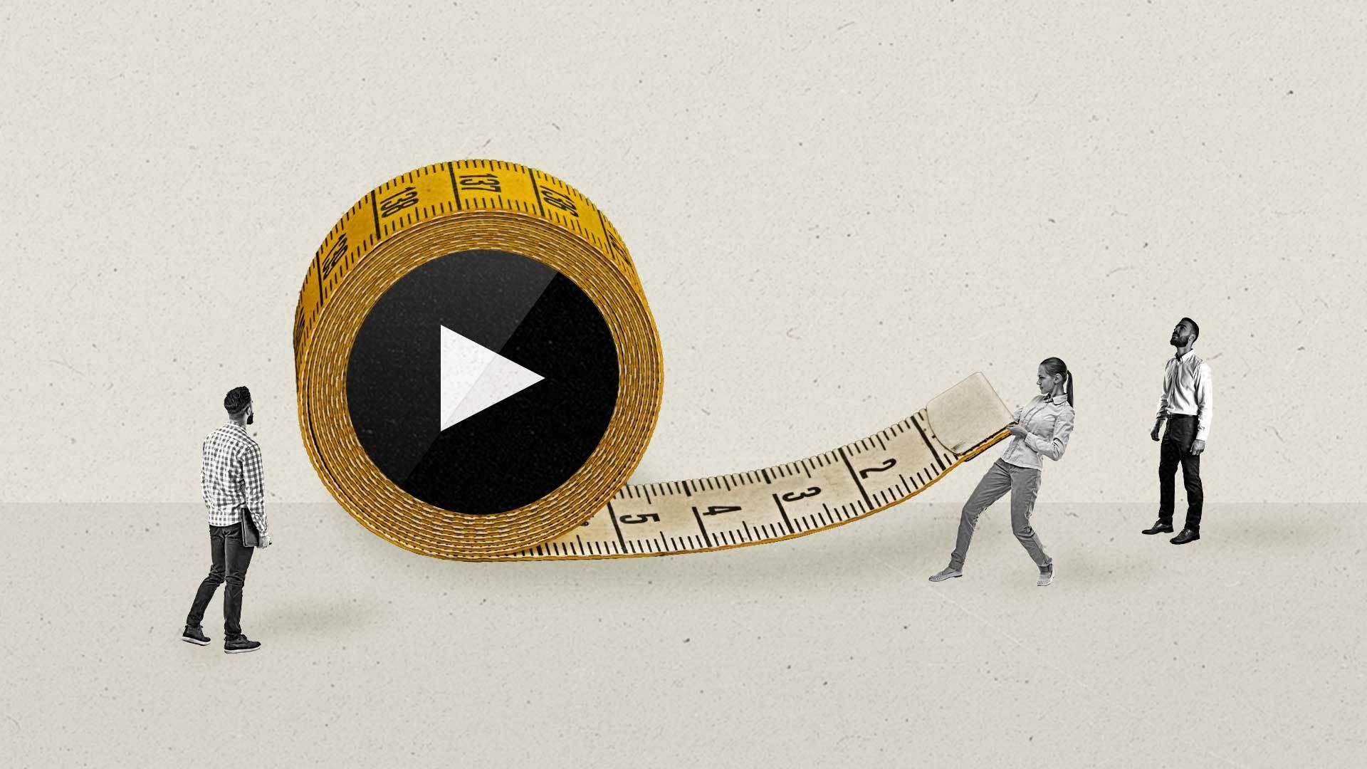 A woman pulls measuring tape from an oversized tape measure with a play button on the side.