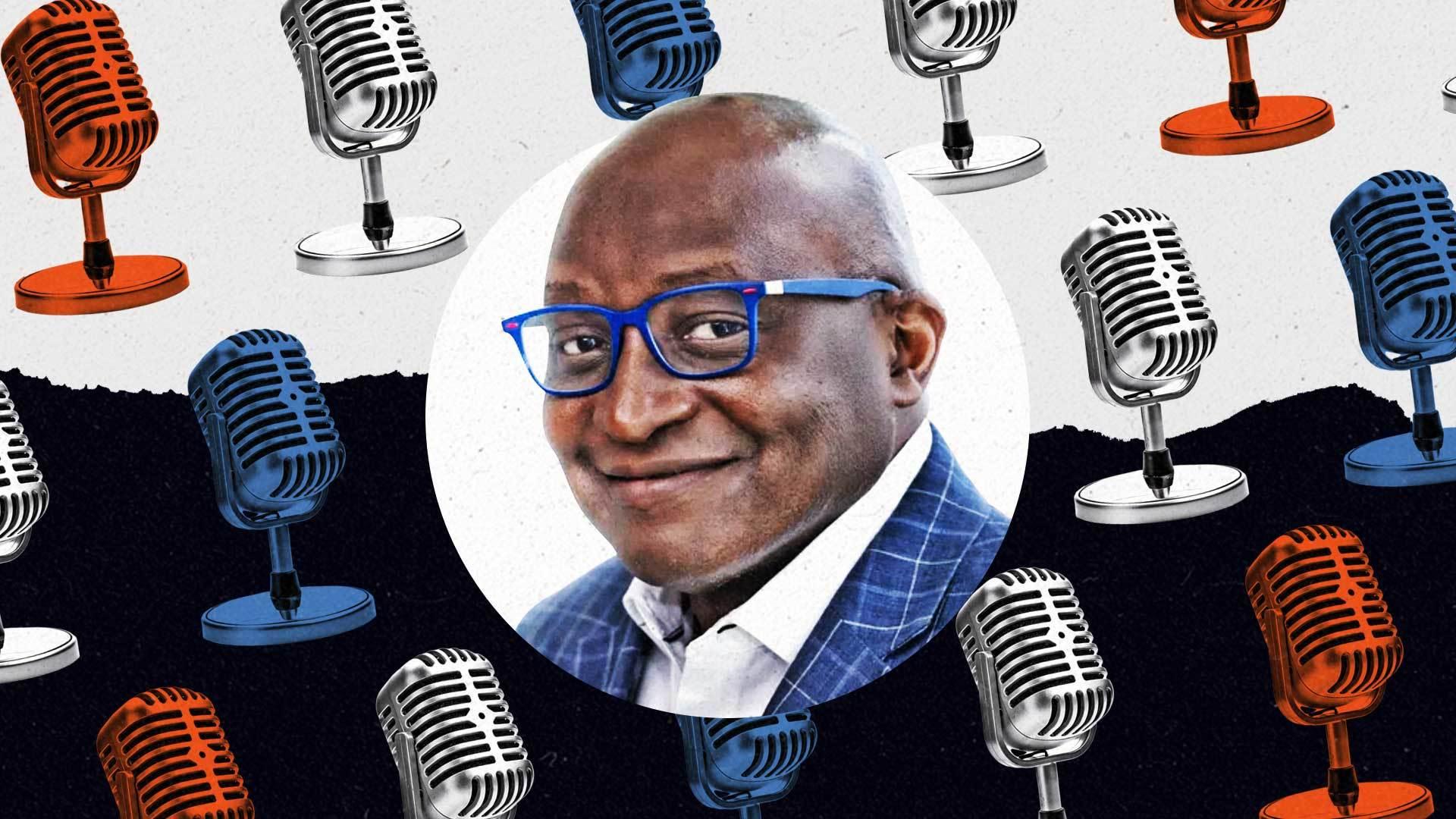 A photo of Terrence Samuel is surrounded by red, white and blue microphones.