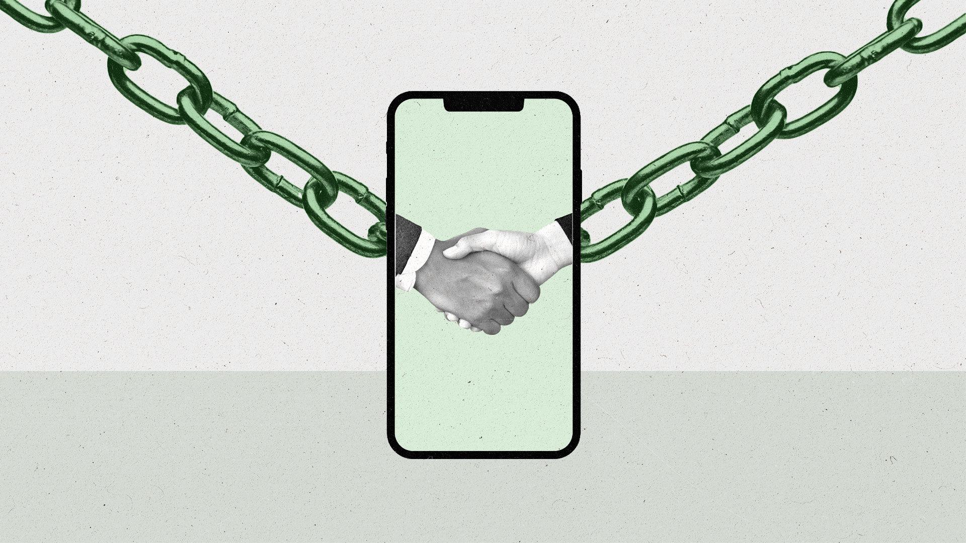 Two chains from each side connected at the center with a phone displaying a handshake.